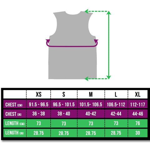 BTR Be Totally Reflective Silver gilet / vest size chart