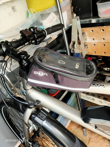 Bike Frame bag from BTR on crossbar with smartphone inside