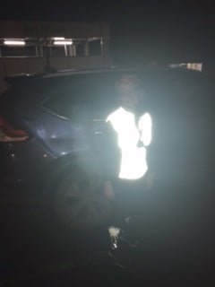 BTR ladies cut gilet shown worn by a customer from customer photos!  Be Totally reflective silver high vis gilet